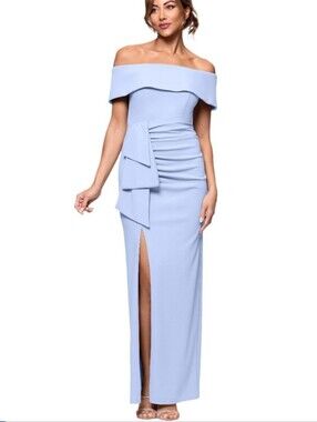 NWT Xscape Periwinkle Draped Gown Formal Evening Dress Size 12 Long Maxi $249